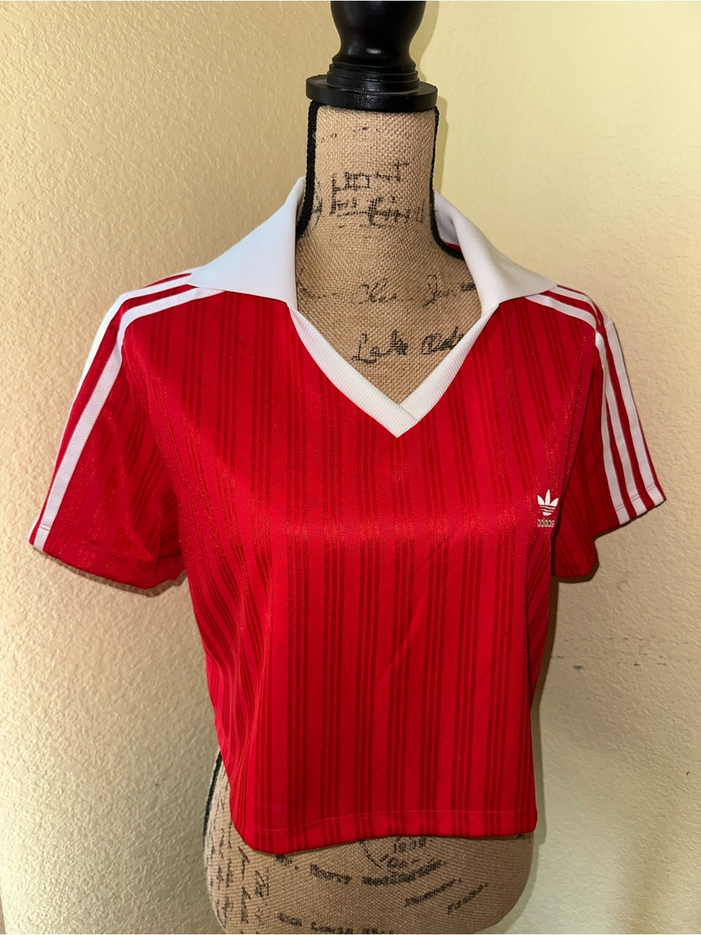 adidas Red Crop Top with White Collar and Stripes